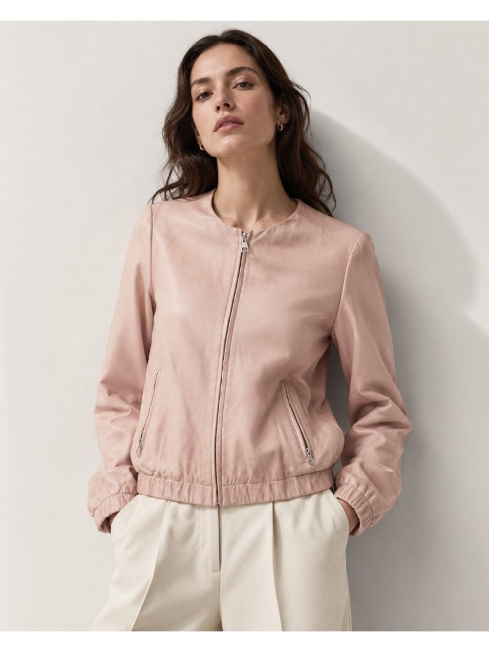 GAP Women’s L Blush Pink Genuine Lamb Leather Bomber Jacket Zip Cropped